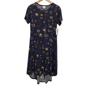 LuLaRoe Carly Vintage camera Print high low dress size XS purple yellow
